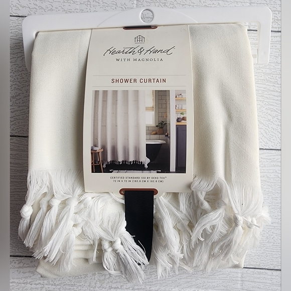 Hearth & Hand with Magnolia Clip Stitch Knotted Fringe WovenShower Curtain Sour - Picture 1 of 3